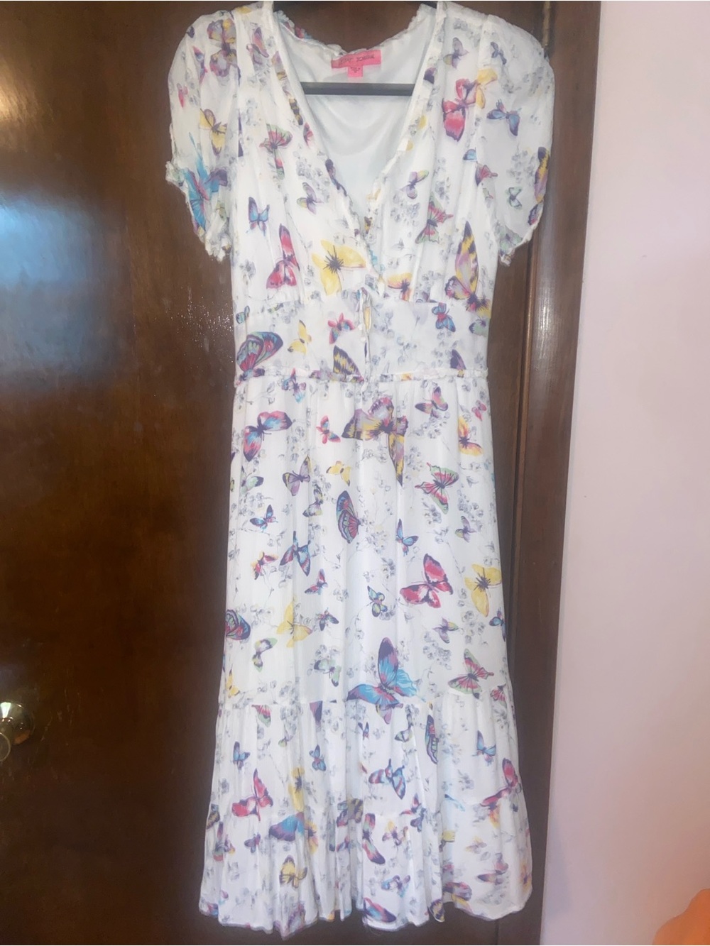 Betsey Johnson White Butterfly Print Midi Dress with Pink, Yellow & Blue Accents